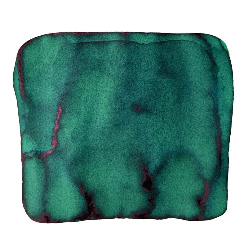 Aurora 100th Anniversary - Green (55ml): watercolor-style swatch showing emerald-green wash with darker reddish-purple sheen on white paper, illustrating the ink&