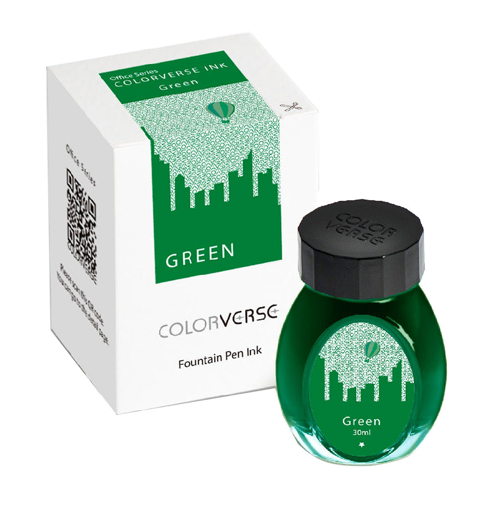 Colorverse “Office Series” Green - 2ml; glass bottle with black cap, green label featuring a skyline motif, beside its matching white-and-green box.