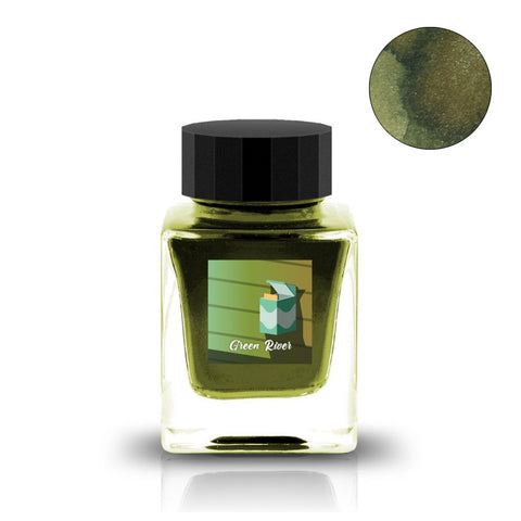 Tono & Lims Green River (Shimmer) fountain pen ink, 30ml, in a square glass bottle with a black cap, featuring a swatch on the label.