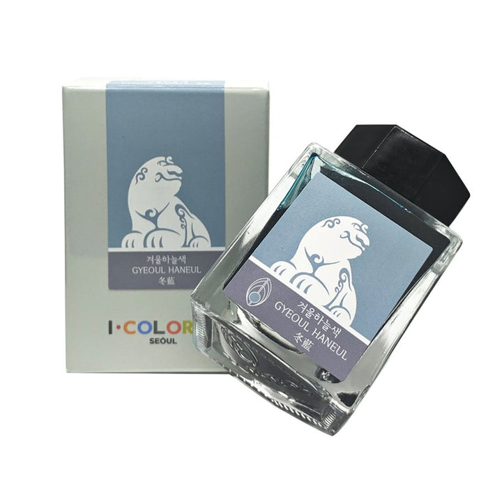 Gyeoul Haneul - 2ml fountain-pen ink in a square glass bottle with black cap, featuring guardian-lion artwork, alongside its matching branded box.