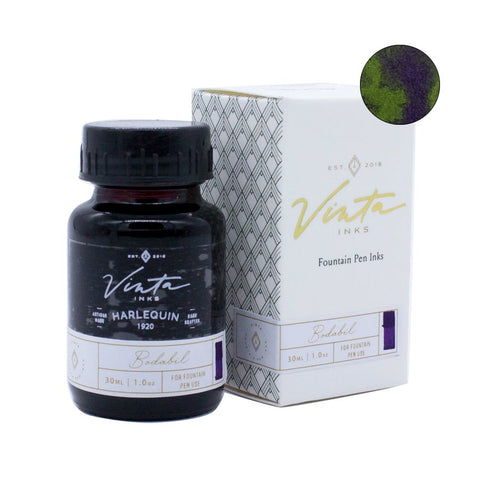 Vinta Inks “Harlequin 1920” Bodabil, 30 mL bottle, displayed with its box and a greenish-yellow ink swatch with purple sheen accents.