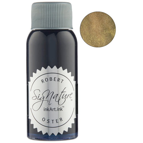 Robert Oster Signature Ink - Heart of Gold (Shake 'N' Shimmy), 50ml bottle, features a metallic gold shimmer and gray cap, showcasing its Australian craftsmanship.