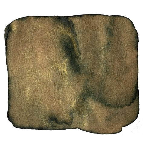 Heart of Gold (Shake 'N' Shimmy) - 2ml sample; abstract olive-brown to dark green wash with gold shimmer on white paper, showcasing ink's pooling and color variation.