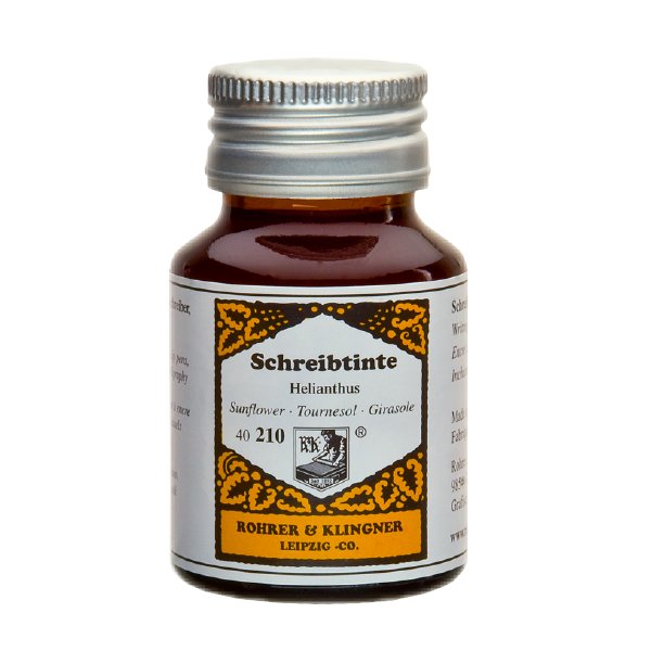 Helianthus - 50ml fountain-pen ink by Rohrer & Klingner, in a small glass bottle with a metal screw-top lid, warm brownish-orange hue, labeled in five languages.