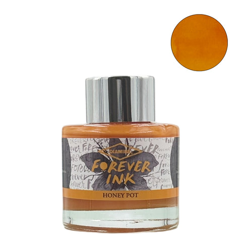 Diamine Forever Ink, Honey Pot, 50ml bottle with warm honey-gold shade. Comes in a glass bottle with silver cap; waterproof and lightfast for fountain pens.