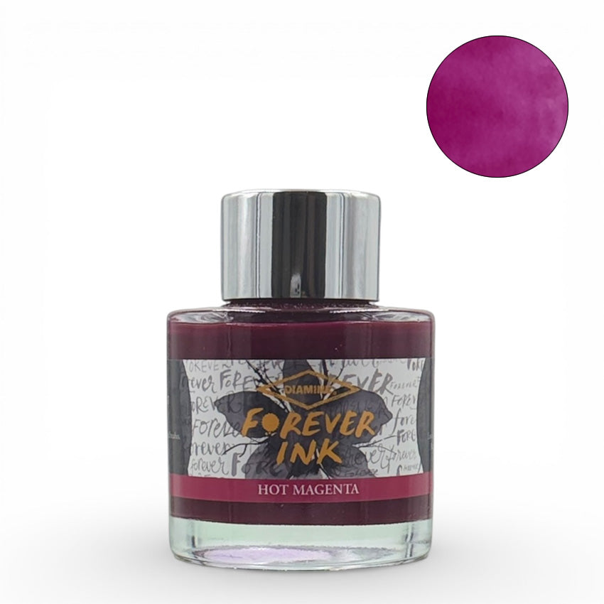 Diamine “Hot Magenta” Forever Ink, 50ml glass bottle, vibrant magenta-purple, waterproof and pigment-based fountain pen ink for lasting writing and artwork.