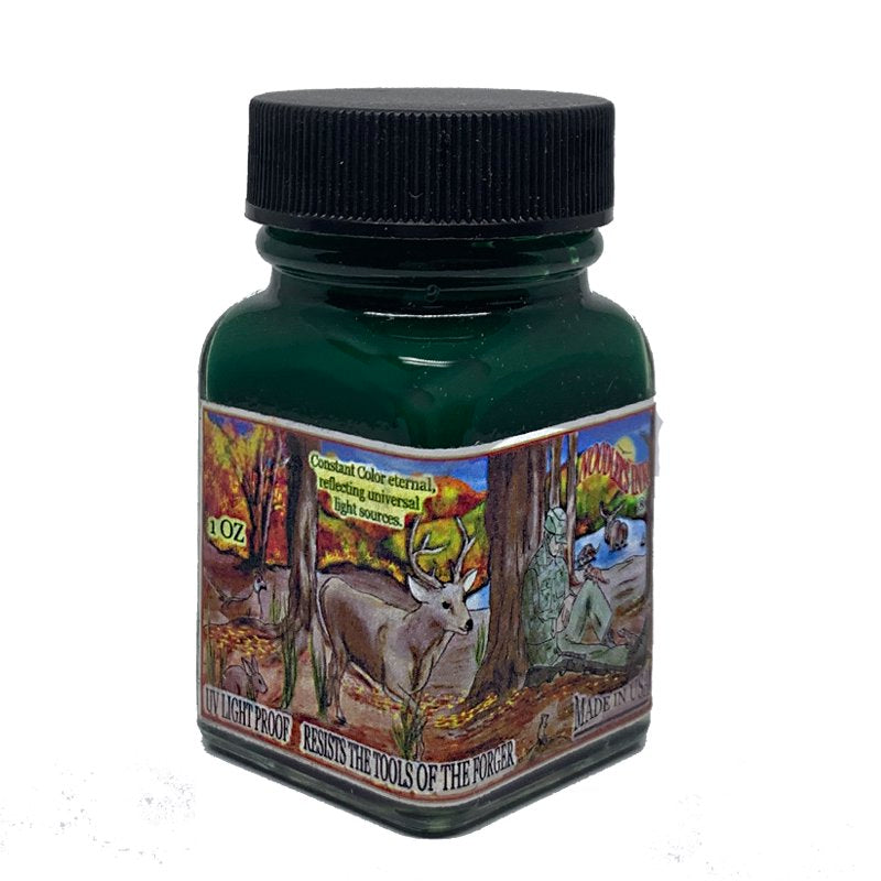 Hunter Green - 2ml ink in a square glass jar with a black lid, featuring a woodland scene label highlighting its UV and fade-resistant properties.