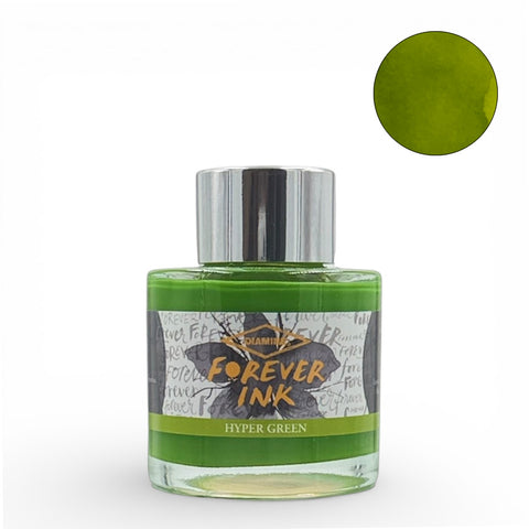 Diamine Hyper Green (Forever Ink) - 50ml fountain pen ink in a round glass bottle with silver cap, showcasing its bright, waterproof, and lightfast properties.