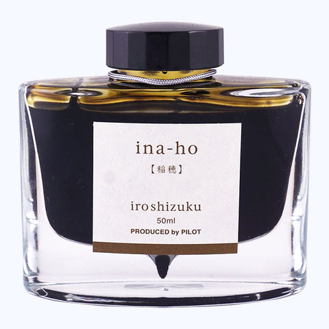 Iroshizuku Ink - Ina Ho (50ml) in a sleek glass bottle, showcasing light-mustardy fountain-pen ink from Pilot's premium collection.