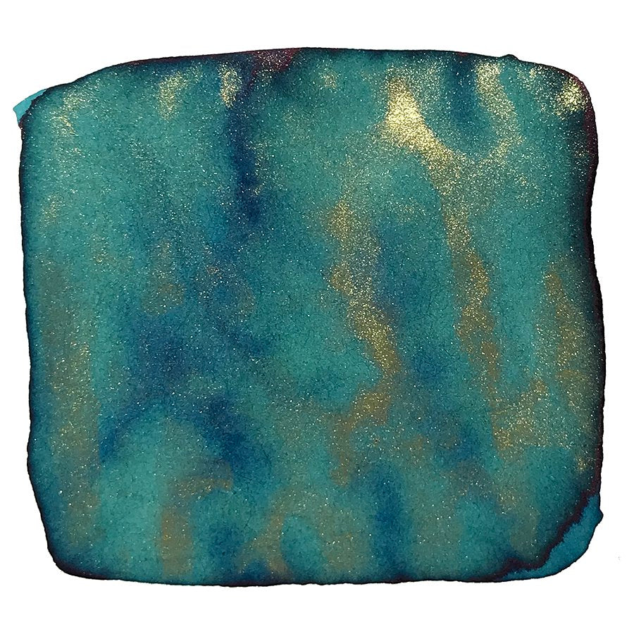Incense - 18ml ink swatch displaying a turquoise-blue wash with metallic gold shimmer, symbolizing Su Shi&
