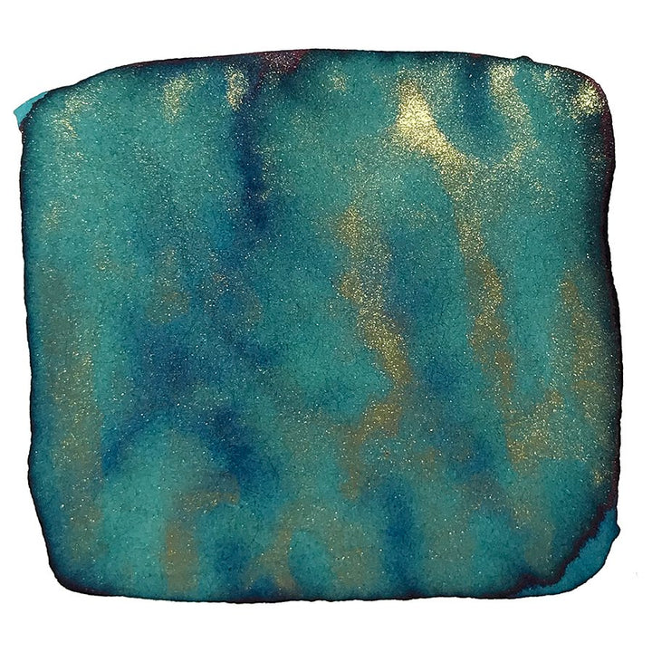 Incense - 18ml ink swatch displaying a turquoise-blue wash with metallic gold shimmer, symbolizing Su Shi's poetic themes from the Song Dynasty in the Ancient Song line.