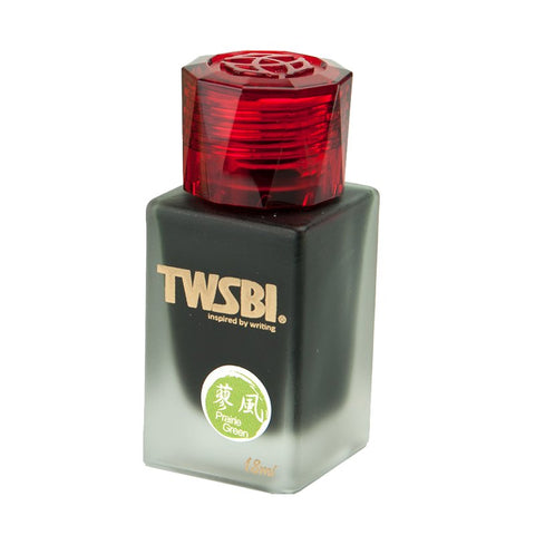 TWSBI 1791 - Prairie Green - 18ml: A small frosted glass bottle with a red cap, showcasing fountain-pen ink inspired by Dream of Red Chambers.
