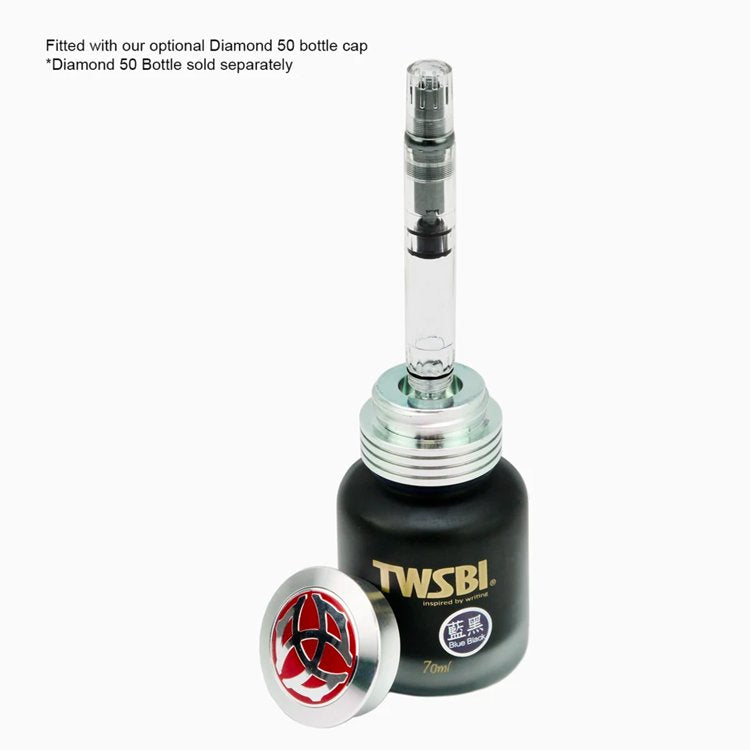 TWSBI Red - 70ml ink bottle with clear piston adapter, decorative cap shown alongside, designed for easy filling with TWSBI Diamond 50 pen.