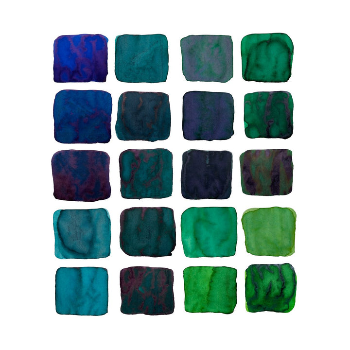 Ink Studio Sampler Set - 100 colours displayed in hand-painted watercolor swatches, showcasing diverse blue, teal, and green shades on a white background.