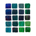 Ink Studio Sampler Set - 100 colours displayed in hand-painted watercolor swatches, showcasing diverse blue, teal, and green shades on a white background.