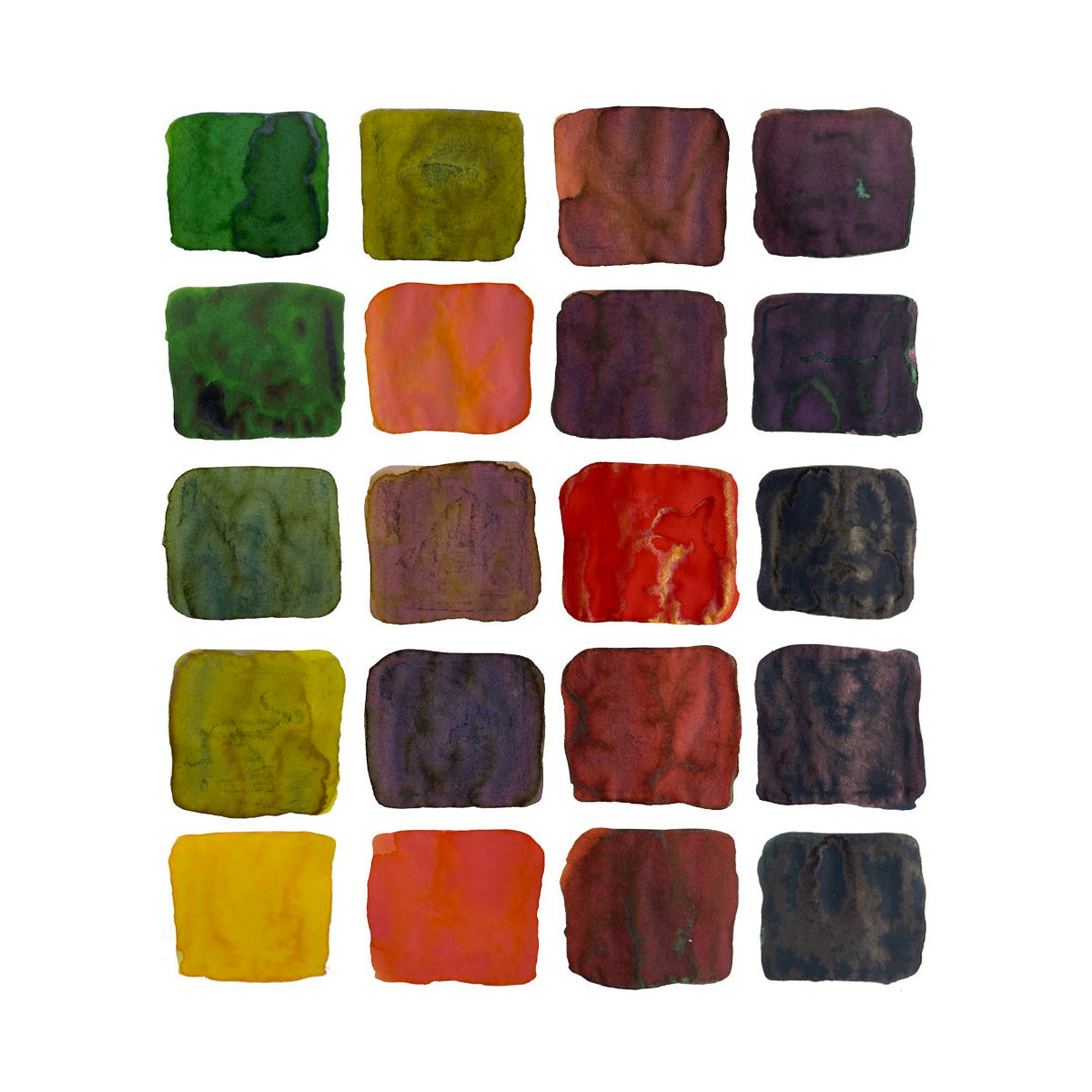 Ink Studio Sampler Set - 100 colours, featuring a 4x5 grid of watercolor-style swatches, each showcasing a unique hue on a white background.