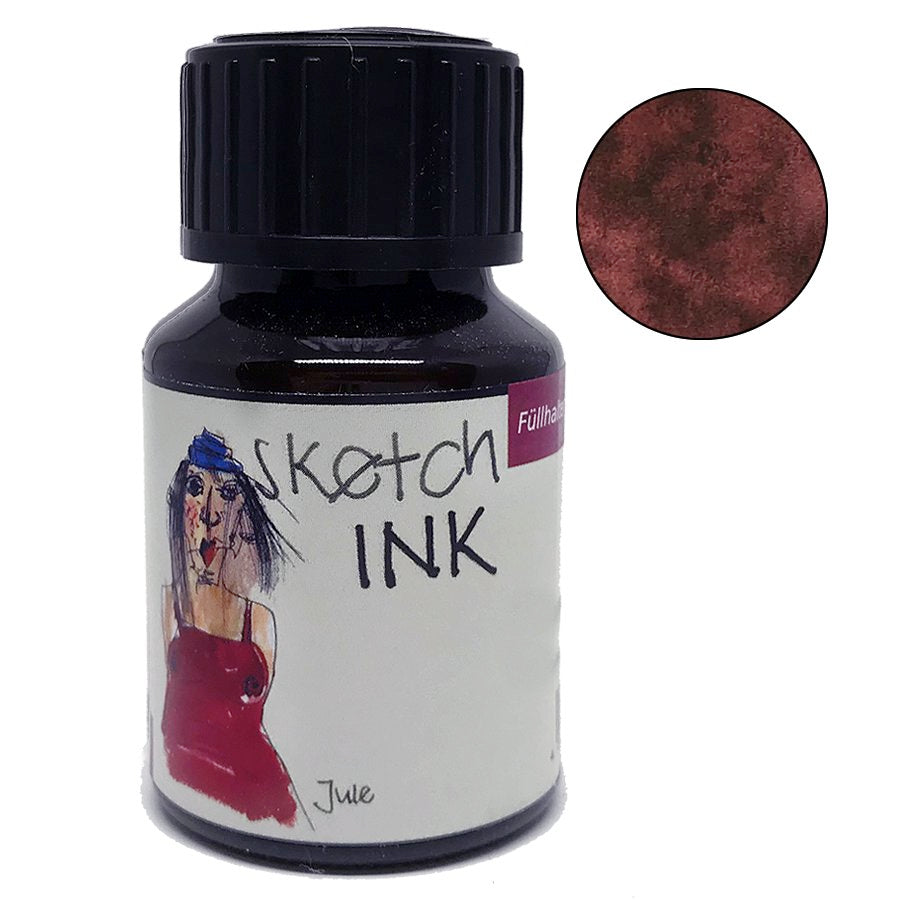 SketchINK - Jule (50ml) in a glass bottle with a black cap, featuring a red sketch label and a reddish-brown metallic swatch.