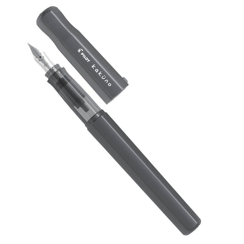 Pilot Kakuno - Grey - Fine fountain pen with steel nib exposed, showcasing its durable design and ideal for beginners, includes a black ink cartridge.