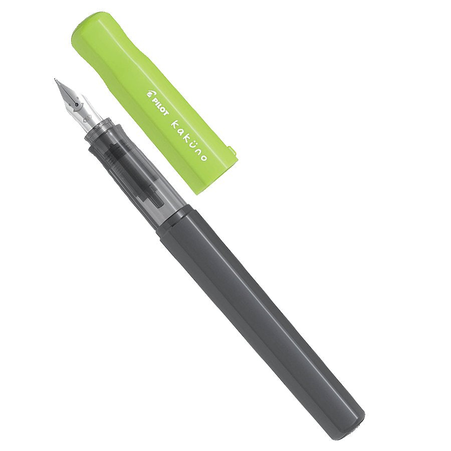 Pilot Kakuno - Light Green - Medium, with a lime-green cap and translucent gray barrel, showcasing its steel nib and ink-feed. Ideal starter fountain pen with included black cartridge.