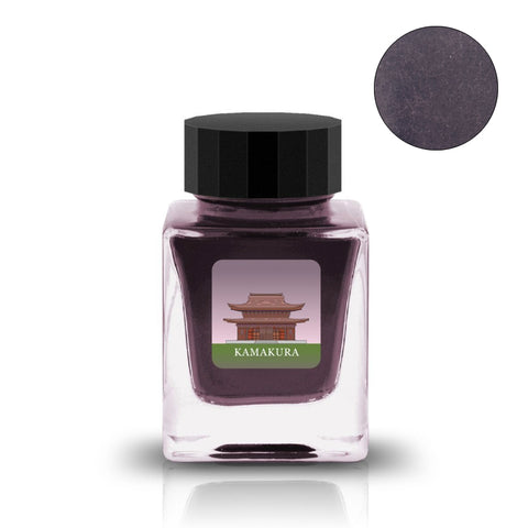 Kamakura - 30ml square glass bottle of dark purple fountain-pen ink by Tono & Lims, featuring a black cap and ink swatch showing dried color.