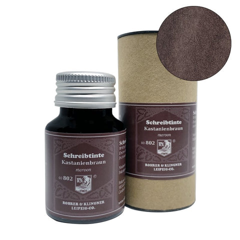 Rohrer & Klingner Kastanienbraun (2019 Limited Ed) fountain pen ink, 50ml, with cylindrical packaging, showcases a deep maroon-brown hue.