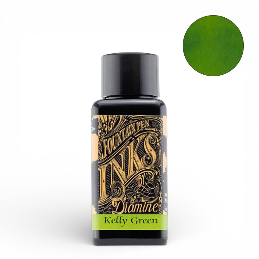 Diamine Kelly Green 30ml fountain pen ink bottle with an ink swatch, showcasing rich color and smooth flow, ideal for any writing enthusiast or collector.