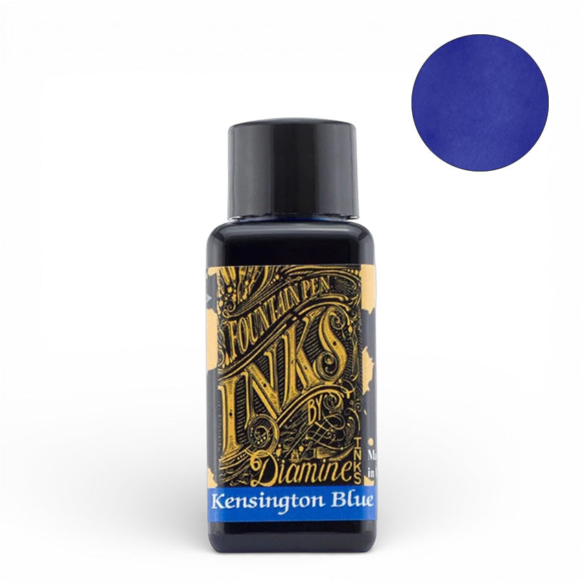 Diamine Kensington Blue fountain pen ink, 30ml bottle, showcasing rich deep blue shade, suitable for vintage pens. Perfect for writing enthusiasts and collectors.