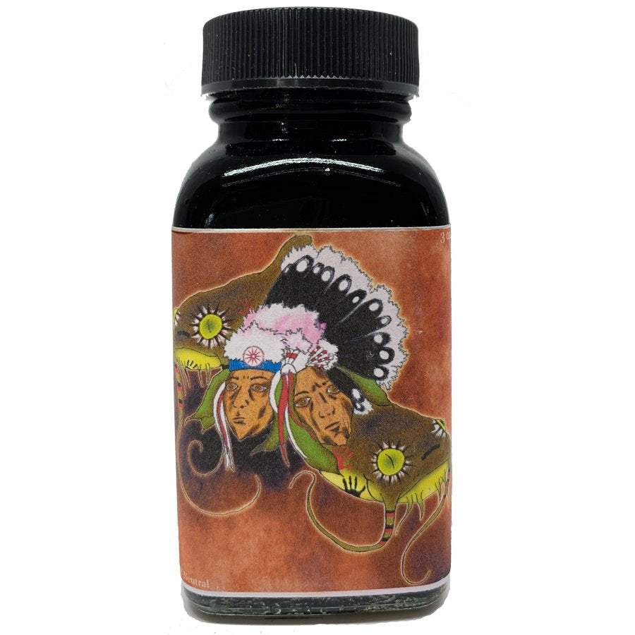 Dark plastic jar with black lid, featuring colorful label of stylized figures. Contains Noodler&