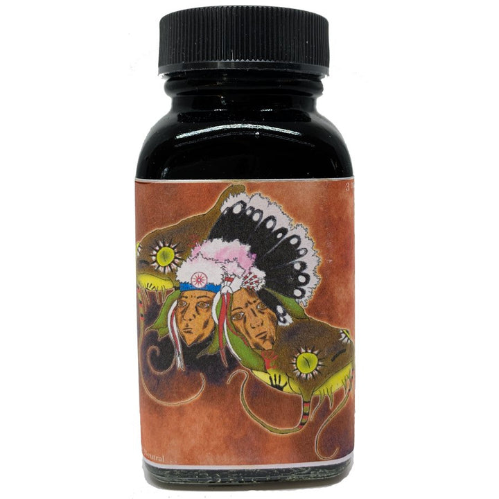 Dark plastic jar with black lid, featuring colorful label of stylized figures. Contains Noodler's Ink Pecan - 2ml, water-resistant ink for diverse writing needs.