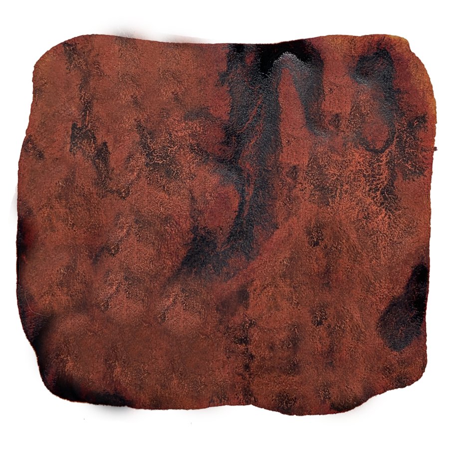 Square swatch of brown-red mottled material, resembling aged metal or weathered leather, representing the Pecan ink's rich, earthy tone and texture.