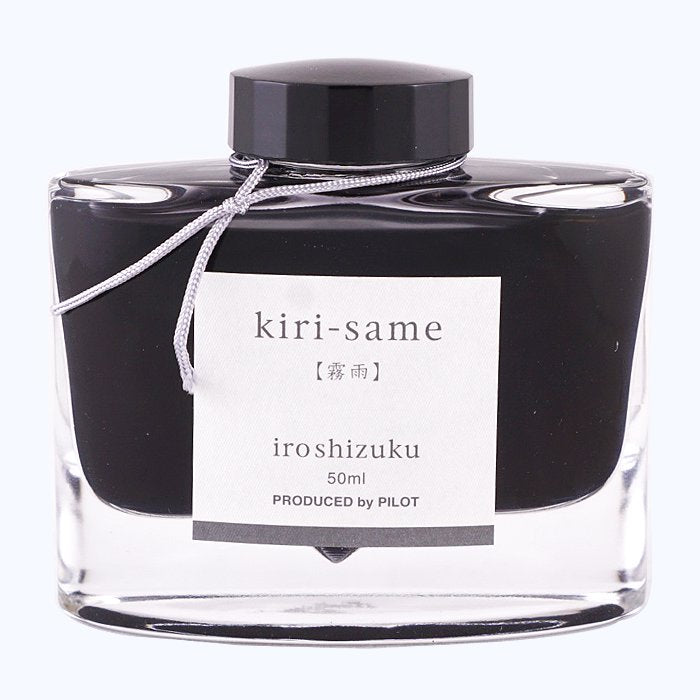 Iroshizuku Ink - Kiri Same (50ml), a 50 ml glass bottle of Pilot's muted grey dye-based fountain-pen ink, labeled with product details.