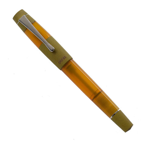 Koloro (Orange Yellow) - Broad fountain pen with translucent amber barrel, olive-green cap, silver clip, featuring a branded German nib and eyedropper filling.