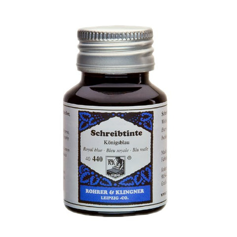 Small glass bottle of Rohrer & Klingner Konigsblau - 50ml fountain-pen ink, featuring a silver screw-cap and blue-white label with product code 40 440.