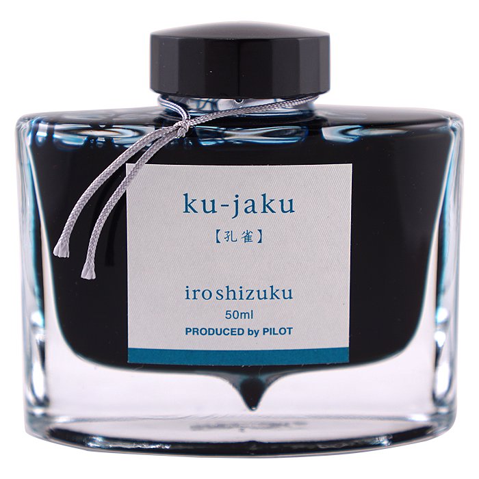 Iroshizuku Ink - Ku Jaku (50ml) in a square glass bottle with a corded neck, showcasing Pilot's signature style and teal-blue/green dye-based ink.