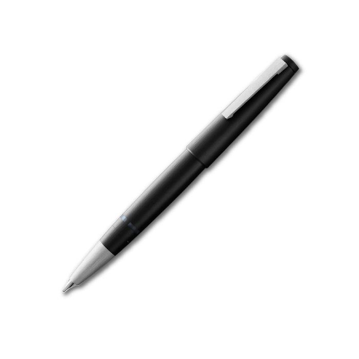 Lamy 2000 - Broad fountain pen with a sleek black-and-silver design, featuring a brushed matte finish and hooded nib, includes a removable cap.
