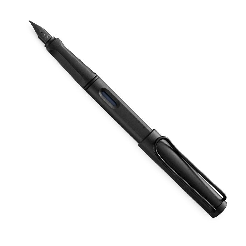 Safari (All Black 2018 Edition) - Medium fountain pen with metal nib, molded grip, ink-reservoir window, and uncapped design, ideal for both beginners and experts.