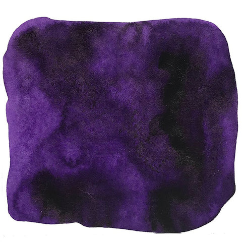 Abstract purple-violet watercolor blot representing Noodler's Ink La Reine Mauve, highlighting its dye-based, waterproof, UV-resistant qualities in a 2ml size.