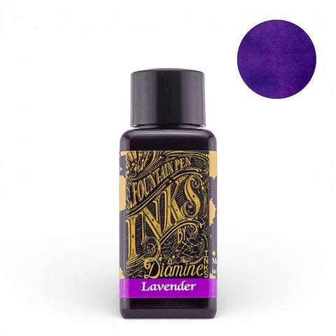 Diamine Lavender - 30ml fountain pen ink bottle with a soft purple swatch, showcasing rich color and smooth flow, ideal for writing enthusiasts.