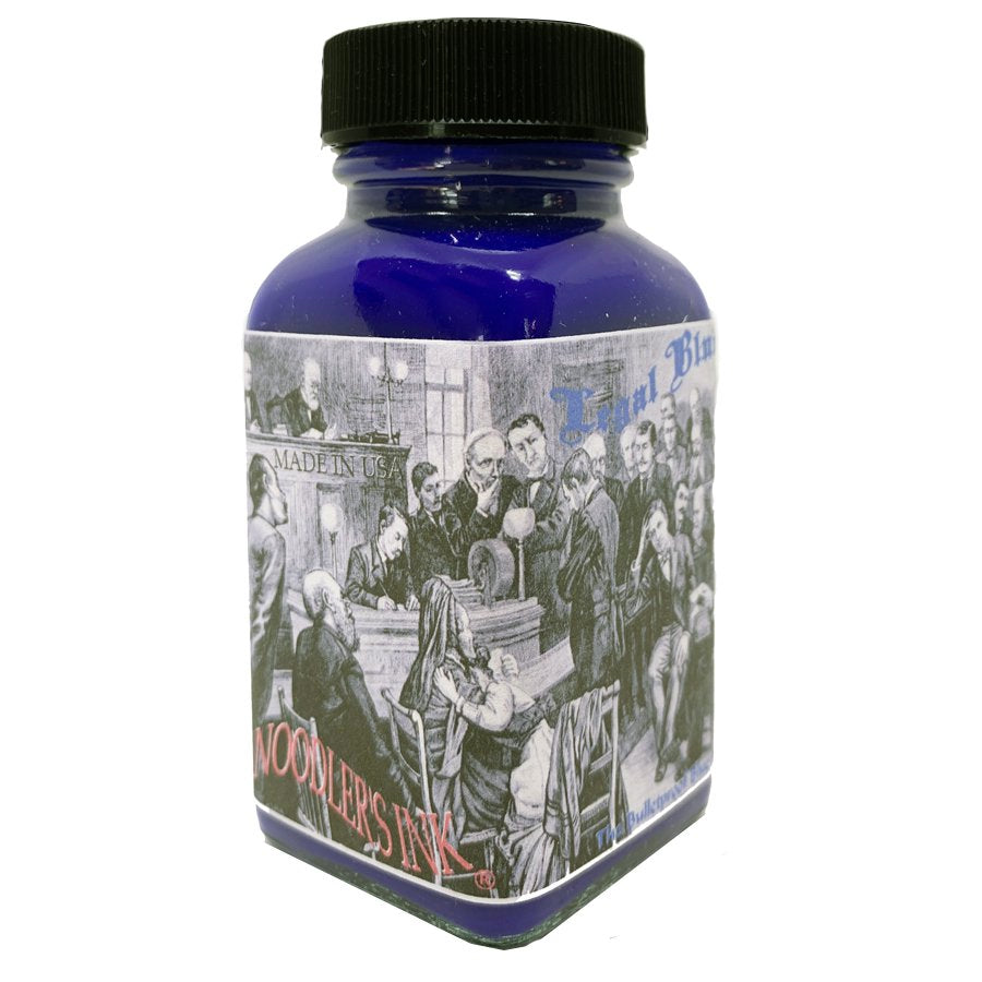 Square glass bottle of Noodler’s Ink, Legal Blue - 2ml, with black lid and label depicting historic courtroom scene, noted for archival, waterproof qualities.