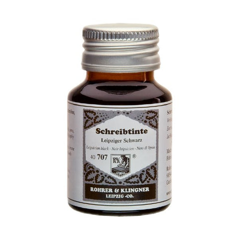 Leipziger Schwarz - 50ml fountain-pen ink in a small glass bottle, labeled “Schreibtinte Leipziger Schwarz” by Rohrer & Klingner, known for handcrafted, quality dye-based inks.
