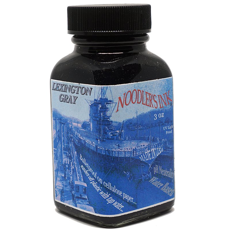 Noodler’s Lexington Gray - 2ml fountain-pen ink in a square glass bottle with a black cap and blue label featuring a ship, highlighting its bulletproof, pH-neutral qualities.