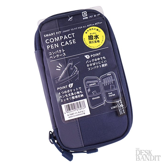 Smart Fit Compact Pen Case (Navy), zip-around, water-repellent, with double zipper, front label highlights four pockets for pens, tags, memos, and eraser; compact design.