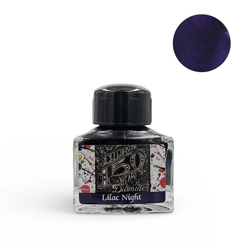 Diamine Lilac Night (150th Anniversary) fountain pen ink, 40ml bottle, features a deep purple shade, in a triangular bottle celebrating the brand's 150th anniversary.