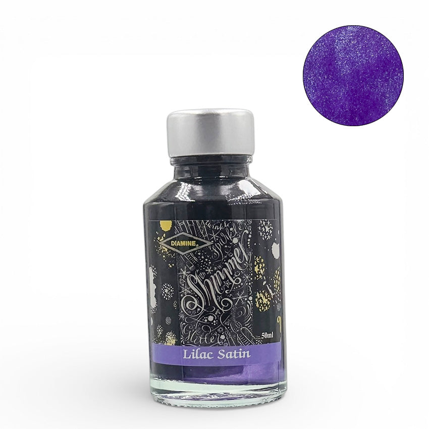 Diamine Lilac Satin Shimmer fountain pen ink, 50ml bottle, shown with a sparkly purple swatch; vegan-friendly and safe for vintage pens.