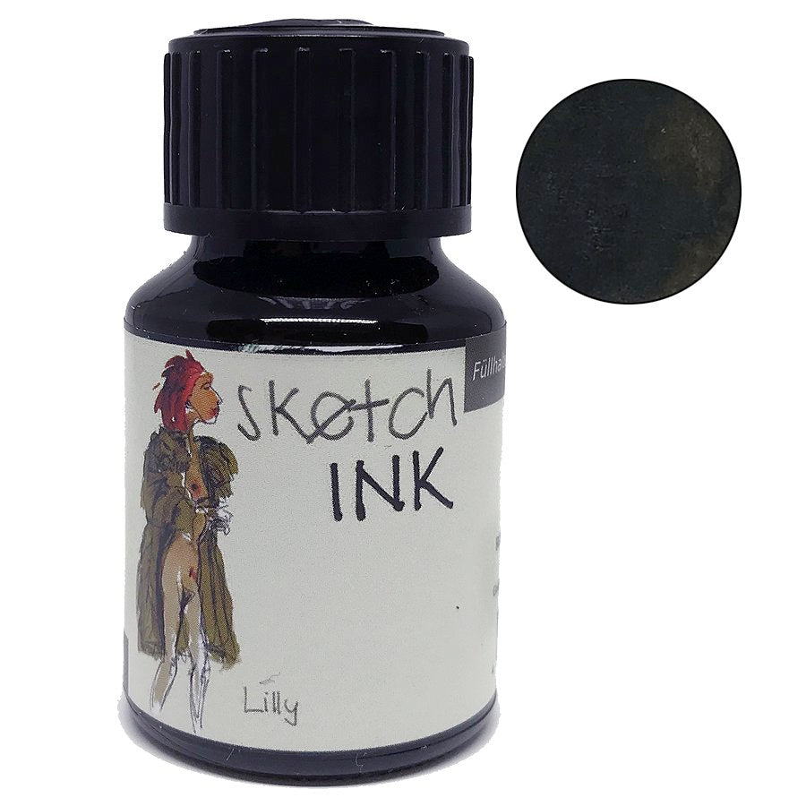 SketchINK - Lilly (50ml) features a dark glass bottle with a ribbed cap, labeled with a sketch and color swatch, showcasing its nearly black-green ink.