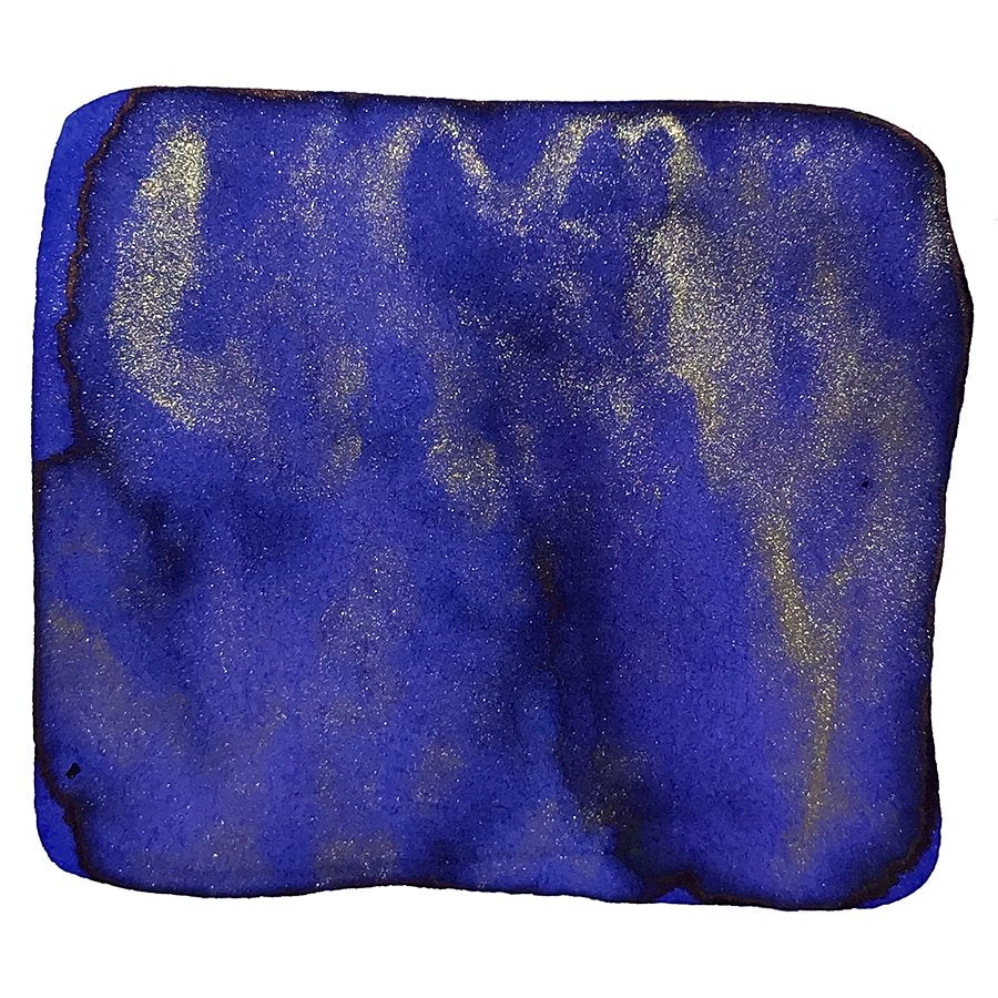 Lin Jiang Xian - 18ml ink swatch, deep blue with gold shimmer, representing Ancient Song's tribute to classical poetry, shown on white paper background.