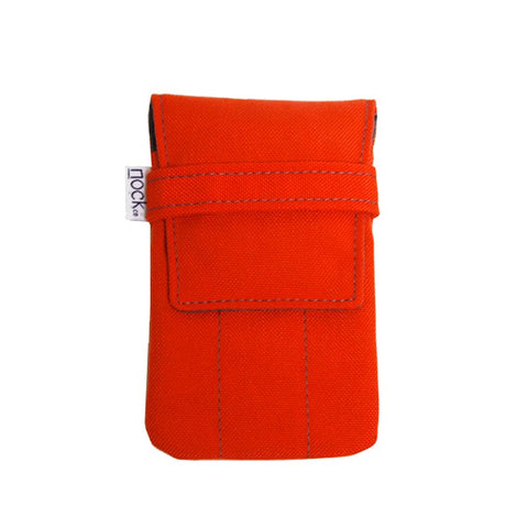 Bright orange rectangular canvas pouch, Lookout Case - Mandarin / Coal, with fold-over flap and side tag, designed for carrying three pens efficiently.