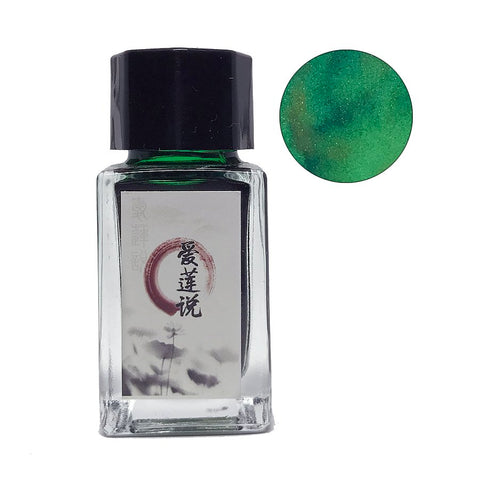 Square glass bottle of Love Lotus - 18ml green ink, featuring a black cap and label with Chinese characters, alongside a shimmering green ink swatch.