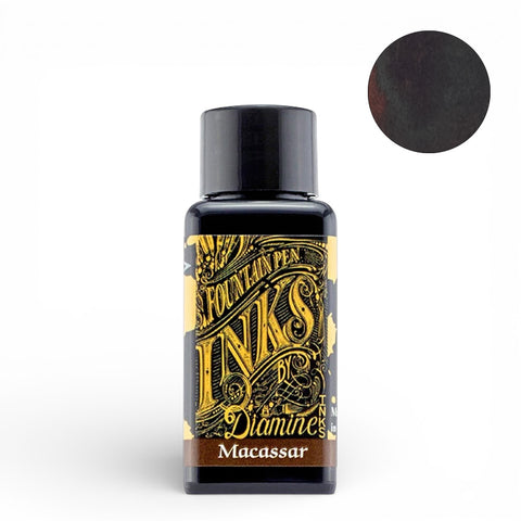 Diamine Macassar - 30ml fountain pen ink, showcasing a rich dark hue, renowned for smooth flow and suitability for vintage pens.
