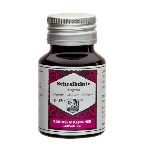 Magenta - 50ml: A small glass bottle of Rohrer & Klingner fountain-pen ink, showcasing traditional craftsmanship from Leipzig, Germany, perfect for writing or painting.